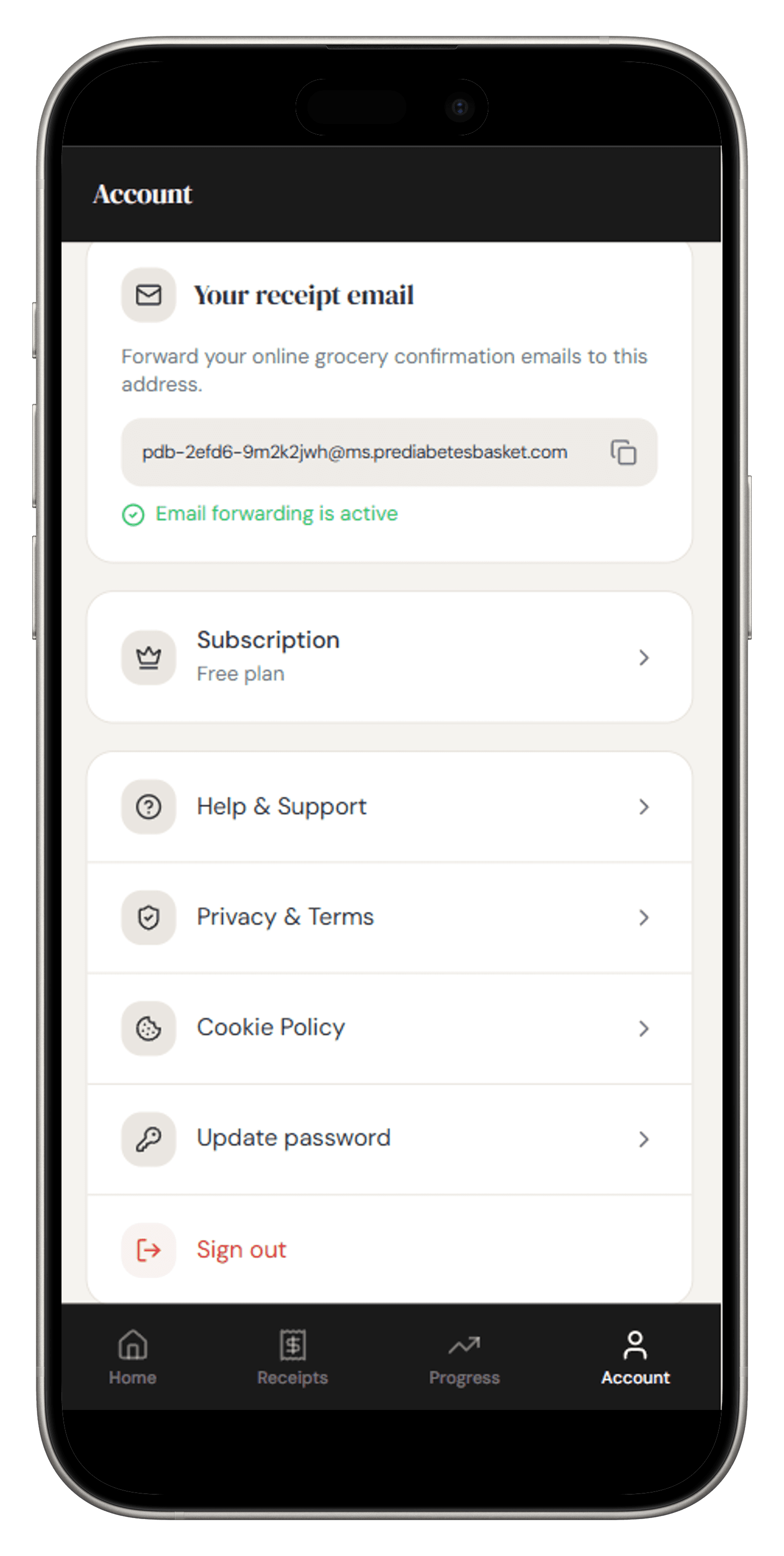 The account screen showing profile details and the inbound email address