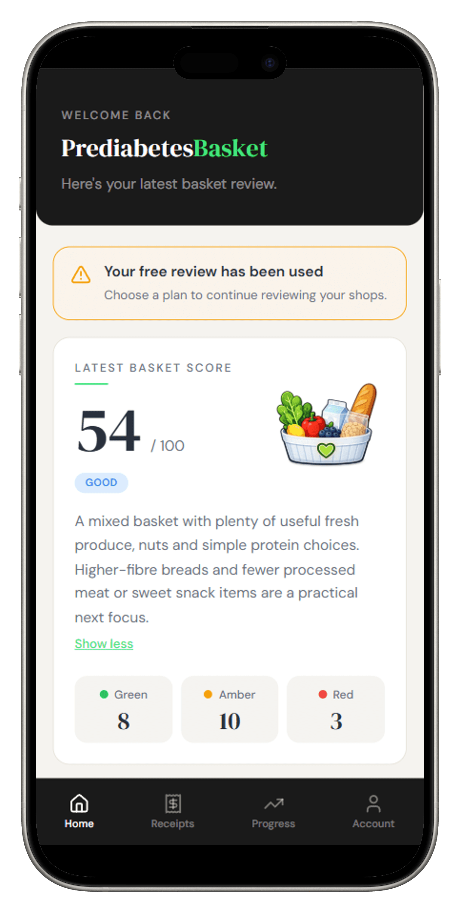 The PrediabetesBasket home screen showing the latest basket score and the private inbound email address