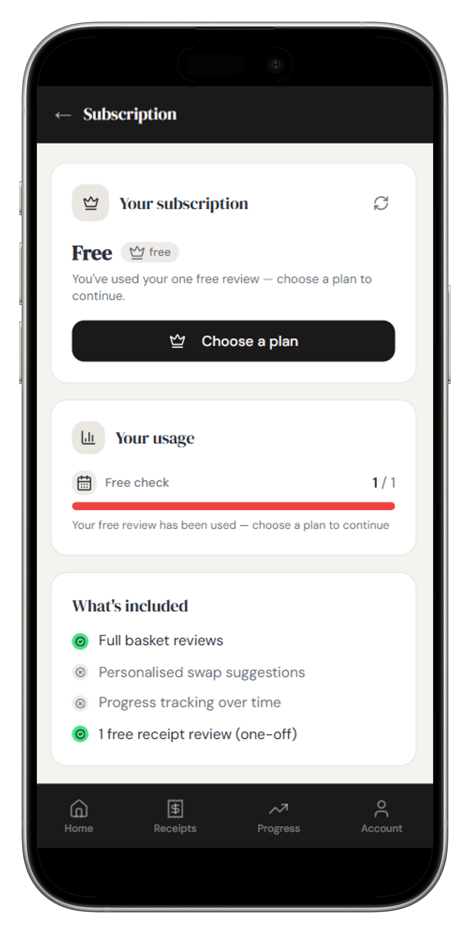 The subscription management screen showing current plan and billing actions